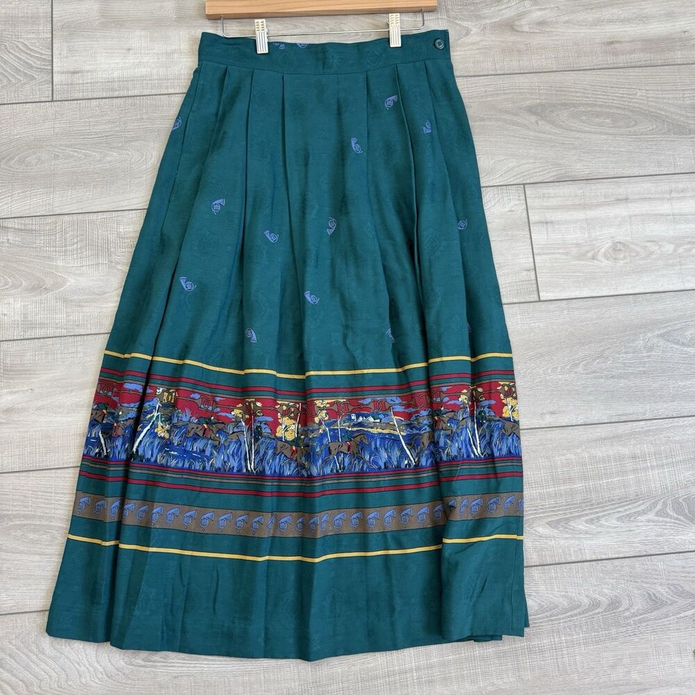 Vtg Chaus Teal Rayon Pleated Maxi Skirt w/ Equestrian Hunt Scene & Horn Print 12
